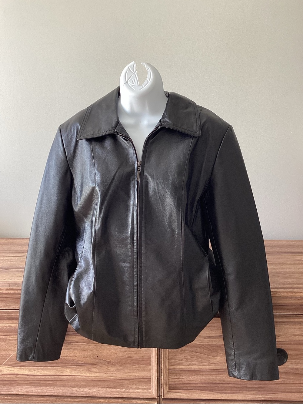 Y2K George 100% Black Leather Jacket Zip Biker Goth Casaul Basic Jacket Womens L
